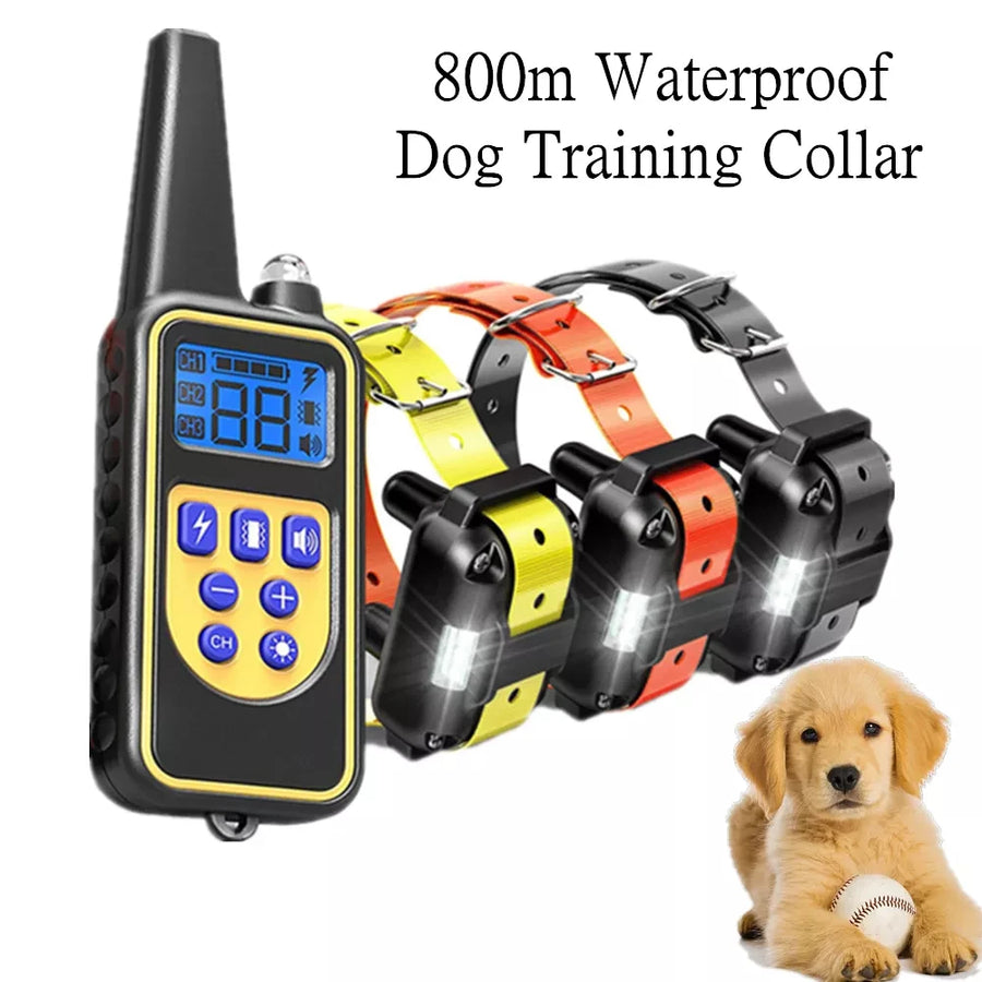 800m Waterproof Dog Training Collar with remote control and three collars displayed, accompanied by a puppy.