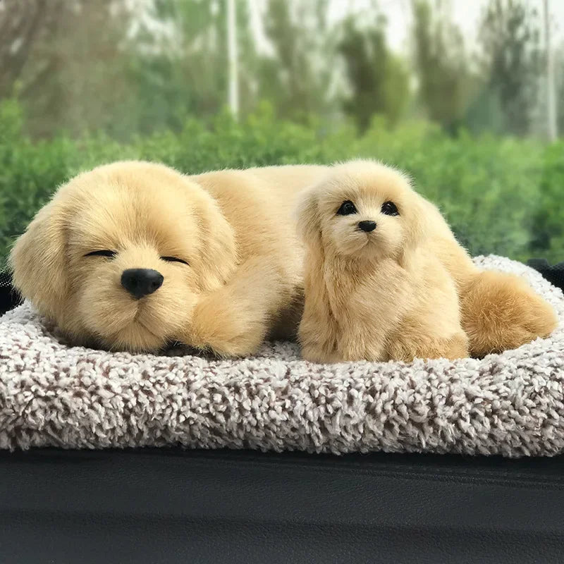 Two fluffy dogs lying on a textured surface with a blurred natural background