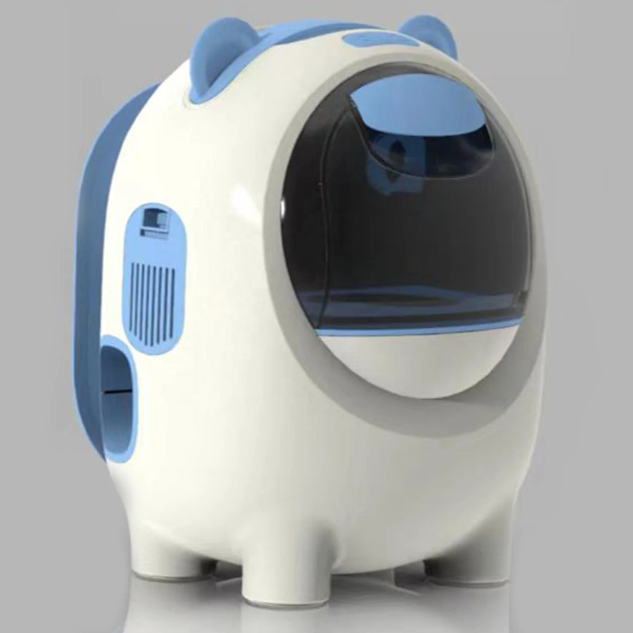 White and blue pet carrier with a transparent door on a gray background