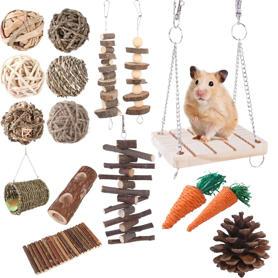 Collection of small animal toys including hanging branches, balls, and a hammock with a hamster on a white background.