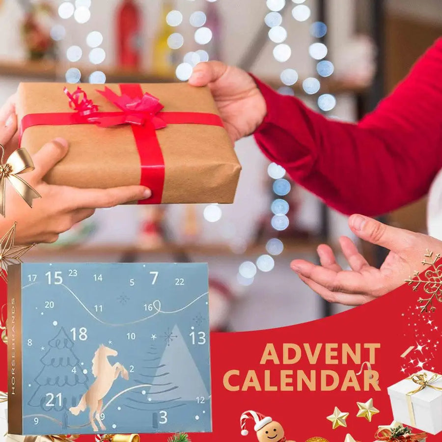 Collage of hands exchanging a gift, an advent calendar, and a red card with text.