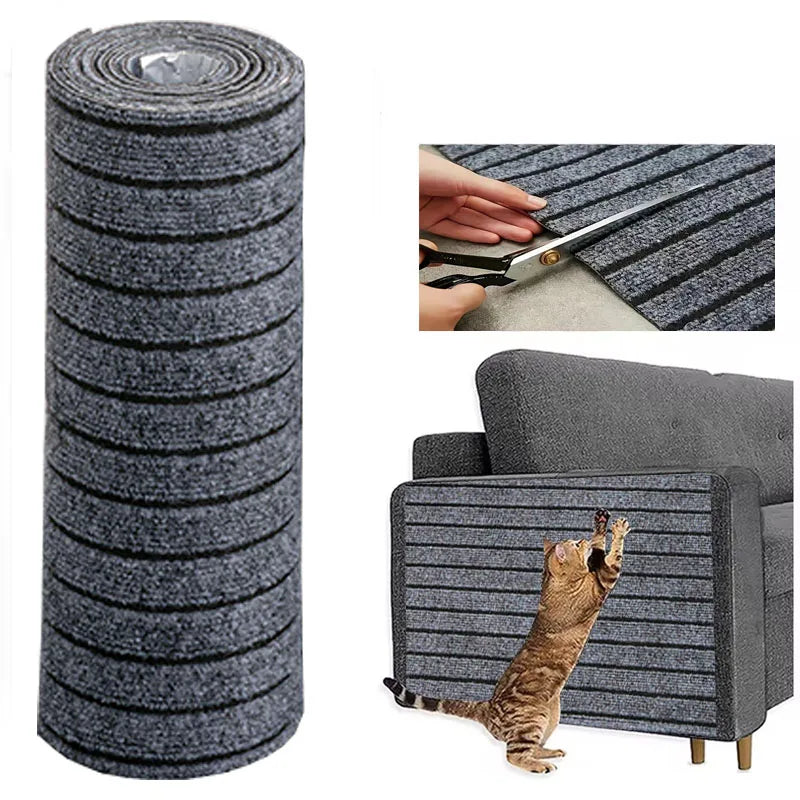 Roll of gray carpet padding with a cat climbing over a sofa and scissors cutting the padding.