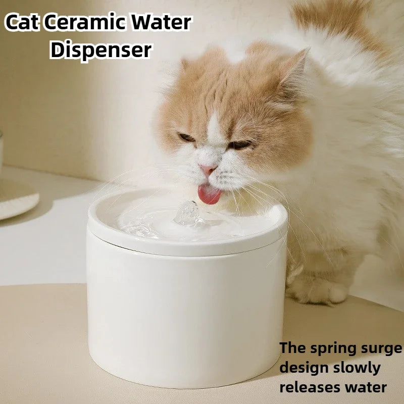 Cat drinking from a ceramic water dispenser with text describing its features.