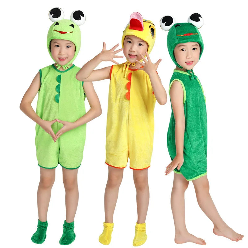 Three children wearing colorful animal-themed costumes on a white background