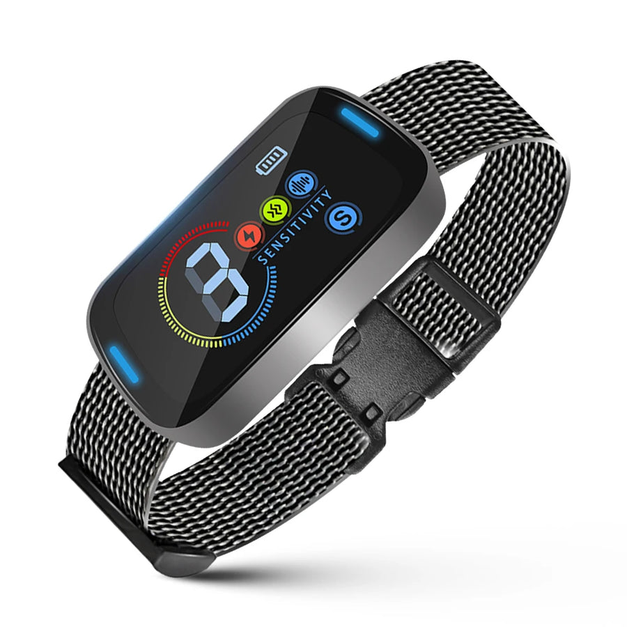 Smartwatch with a black mesh band on a white background