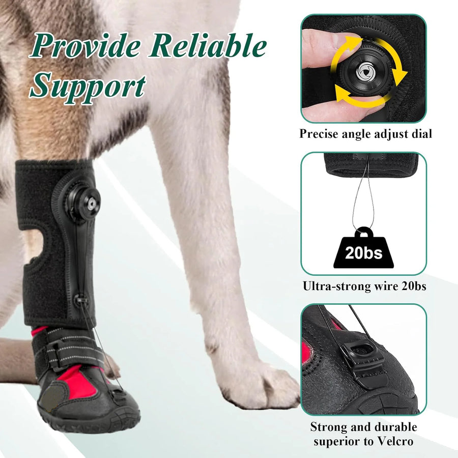 Pet support brace with adjustable dial and strong wire, shown on a pet's leg.