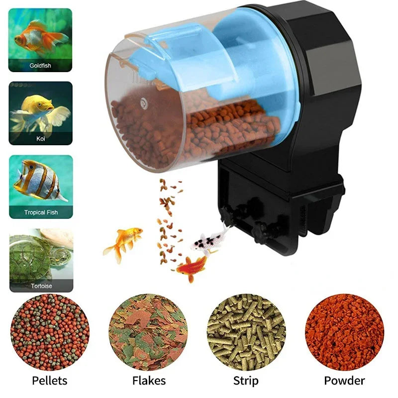 Fish feeder with images of fish and types of fish food on a white background