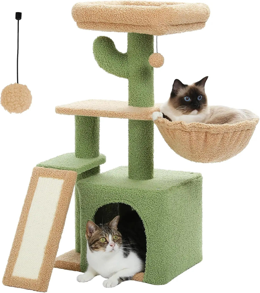 Cat tree with multiple levels and a cat sitting on a platform.