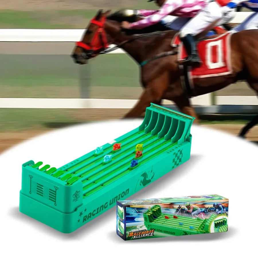 Toy horse racing track with toy horses and a blurred background of a real horse race.