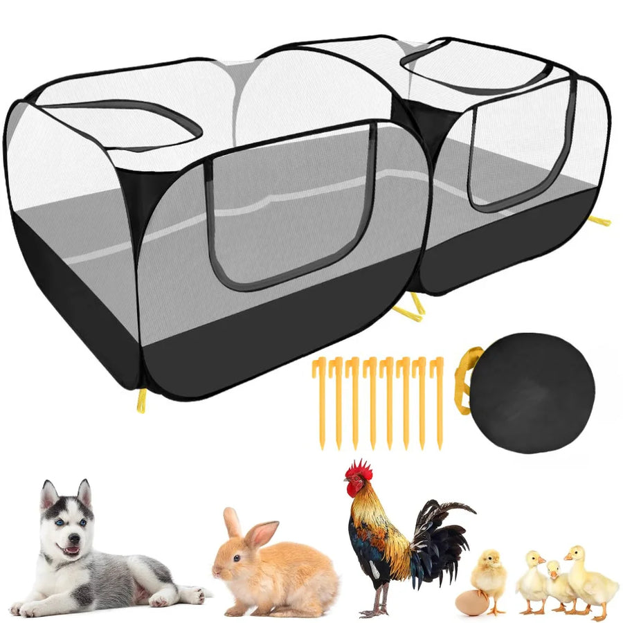 Pet playpen with accessories on a white background, featuring animals at the bottom.