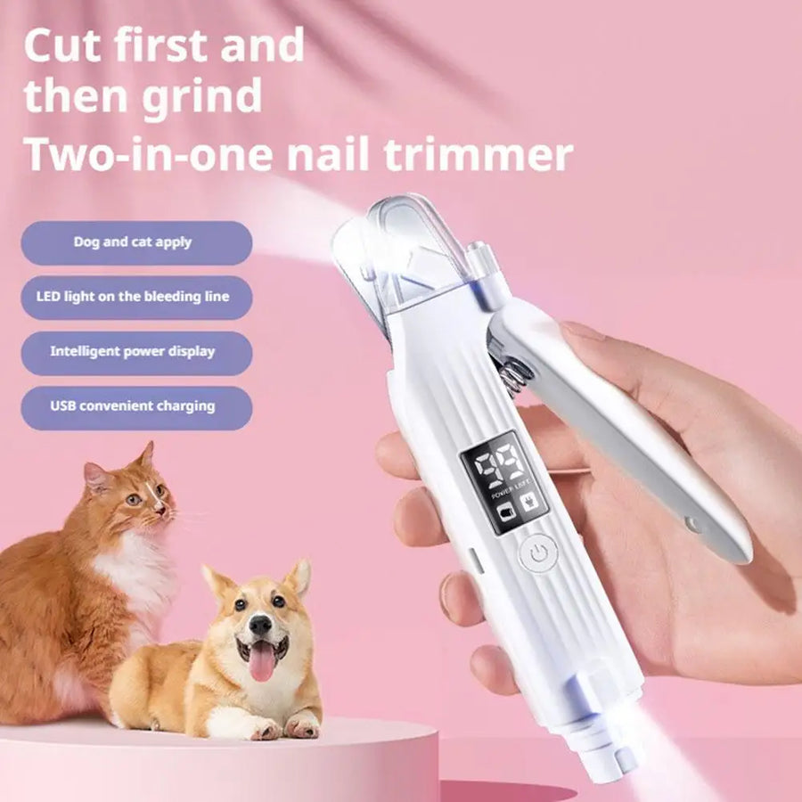 Two-in-one nail trimmer for pets with LED light on a pink background