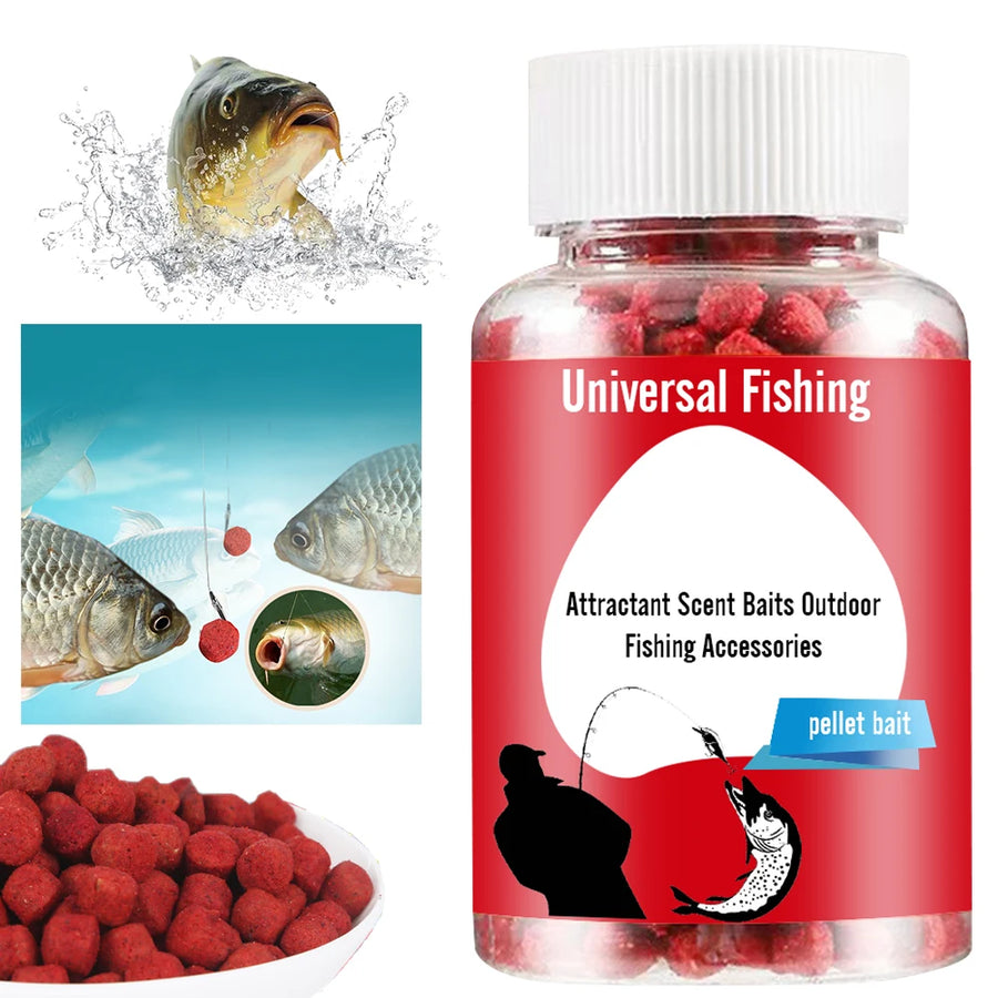 Red fishing bait pellets in a jar with 'Universal Fishing' label, surrounded by fishing