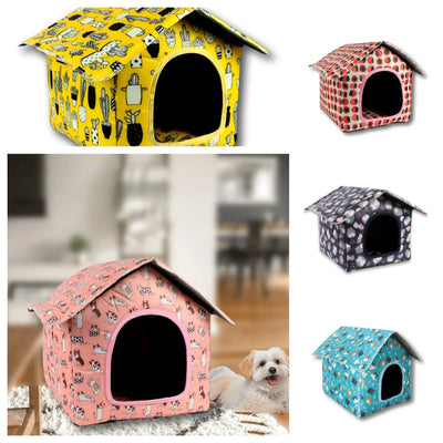 Collage of colorful pet houses with different patterns and a dog inside one of them.